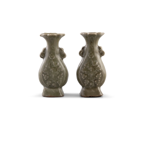 33 - A PAIR OF LONGQUAN MOULDED RUYI HANDLE VASES  元代 龍泉貼花如意耳小瓶一對  China, Yuan dynasty  H: 11.1cm