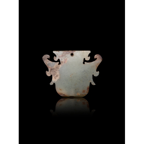 70 - A CELADON JADE ANCESTOR MASK  新石器時代 石家河文化玉人面  China, Neolithic period, Shijiahe culture (3000-2000BC... 