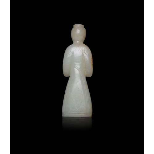 72 - AN EXTREMELY RARE JADE STANDING FIGURE  漢代 白玉立人  China, Han dynasty (202 BC–220 AD)    青白玉質地，上半身帶有明顯... 