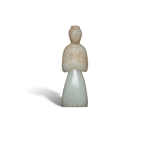 72 - AN EXTREMELY RARE JADE STANDING FIGURE  漢代 白玉立人  China, Han dynasty (202 BC–220 AD)    青白玉質地，上半身帶有明顯... 