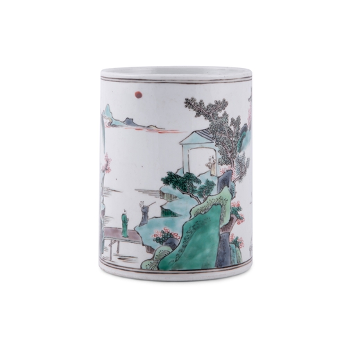 79 - A FAMILLE VERTE LANDSCAPE AND SCHOLARS BRUSHPOT  康熙五彩风格 山水纹笔筒  China  H: 14.4cm