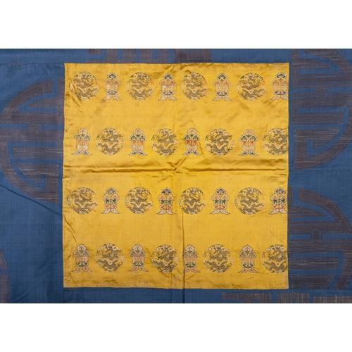 93 - A PAIR OF SQUARE YELLOW-GROUND DRAGON BROCADES  清代 黄地团龙纹织锦坐垫一对  China, Qing dynasty  Mounted in the ... 