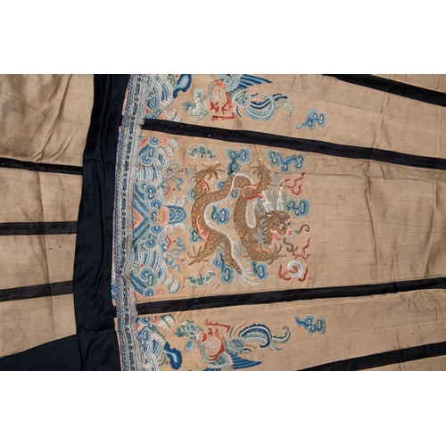 94 - TWO SILK EMBROIDERED YELLOW GROUND SKIRTS  19世紀 黃地緞繡龍鳳紋裙兩條  China, 19th century  Embroidered with co... 