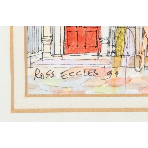 57 - Ross Eccles (Contemporary)  Upper Mount Street Dublin Pen and watercolour, 12.5 x 18cm  Signed and d... 