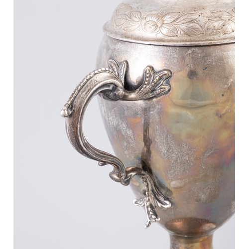 17 - A LARGE IRISH GEORGIAN SILVER TWIN HANDLED CUP,   18th century, hallmark rubbed, lacking maker's mar... 