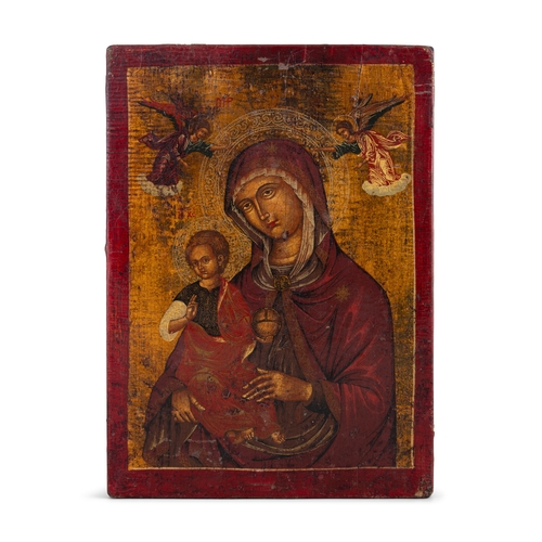 23 - A RUSSIAN ORTHODOX ICON, 19TH CENTURY  depicting the Madonna and Child with attendant angels, temper... 