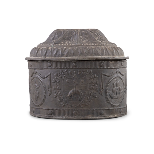 25 - A LEAD TOBACCO BOX,  decorated with Knight of the Golden fleece in a coat of arms. 12.5cm high, 13.5... 