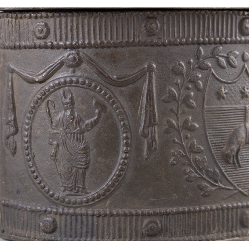 25 - A LEAD TOBACCO BOX,  decorated with Knight of the Golden fleece in a coat of arms. 12.5cm high, 13.5... 