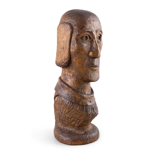 26 - A NAIVE CARVED TIMBER BUST OF A MALE FIGURE.   41cm high