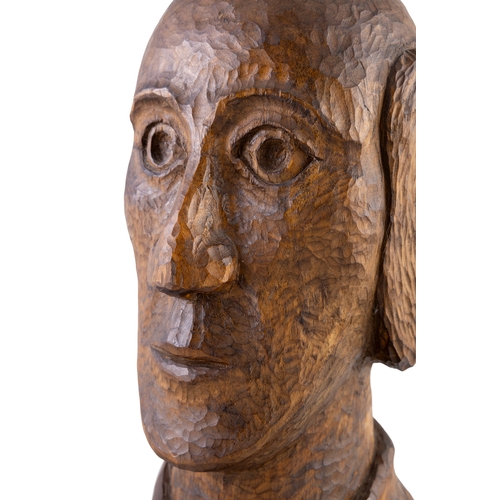 26 - A NAIVE CARVED TIMBER BUST OF A MALE FIGURE.   41cm high