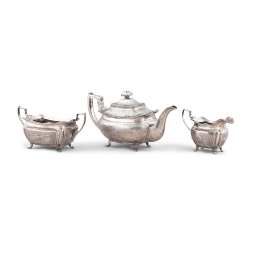 3 - A REGENCY SILVER THREE PIECE TEA SERVICE,   Dublin c.1814 (sugar bowl); 1815 (milk jug); 1820 (teapo... 