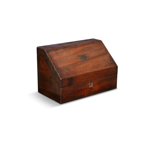 31 - A VICTORIAN MAHOGANY AND BRASS MOUNTED STATIONARY BOX,   the slope front opening to reveal a well-fi... 