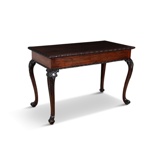 32 - A GEORGE III STYLE MAHOGANY RECTANGULAR SIDE TABLE,   with craved rim and raised on carved cabriole ... 