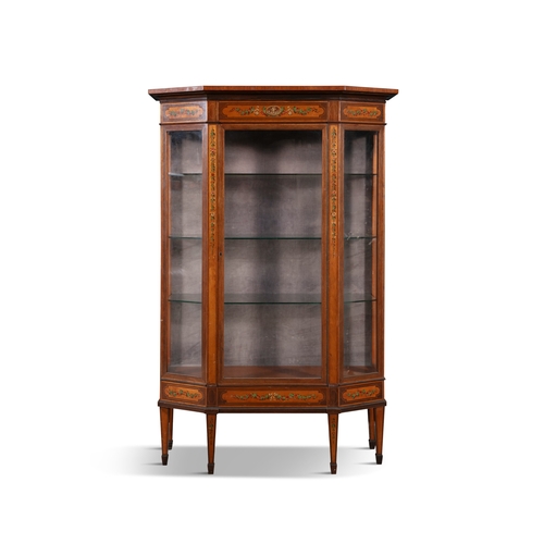 326 - AN EDWARDIAN INLAID MAHOGANY AND PAINTED DISPLAY CABINET  of breakfront form, with outset cornice ov... 