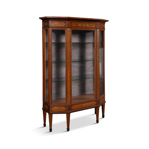 326 - AN EDWARDIAN INLAID MAHOGANY AND PAINTED DISPLAY CABINET  of breakfront form, with outset cornice ov... 