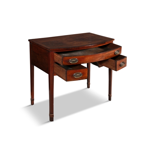 327 - A GEORGE III INLAID MAHOGANY BOWFRONT KNEEHOLE WRITING TABLE   fitted one long and two short drawers... 