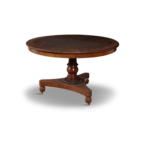 34 - A WILLIAM IV MAHOGANY CIRCULAR TABLE,   the top cross banded and decorated with a beaded border on a... 