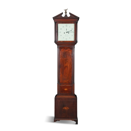 400 - AN EARLY 19TH CENTURY INLAID MAHOGANY LONGCASE CLOCK,   with broken pediment above a white enamel di... 