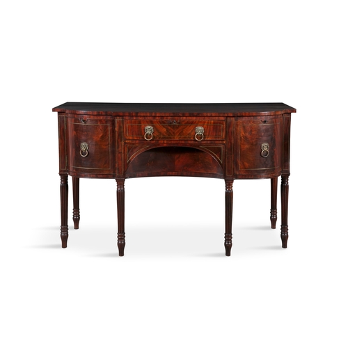 401 - A GEORGE IV MAHOGANY AND BRASS INLAID BOWFRONT SIDEBOARD,   the shaped rectangular top above a long ... 