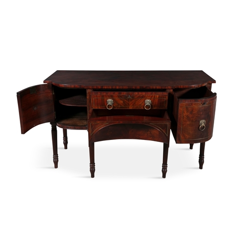 401 - A GEORGE IV MAHOGANY AND BRASS INLAID BOWFRONT SIDEBOARD,   the shaped rectangular top above a long ... 