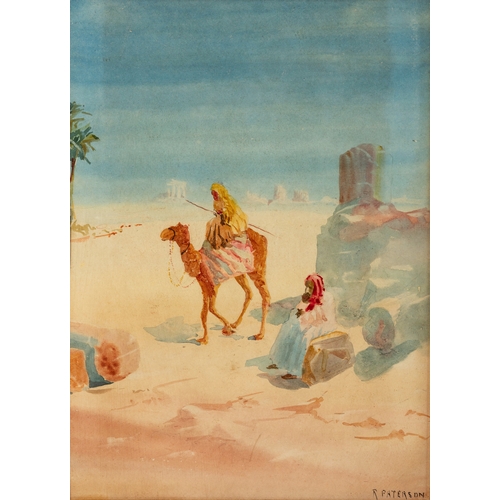 41 - R. PATERSON (19TH CENTURY) A desert scene, a figure on a camel with ruinous citadel beyond Watercolo... 