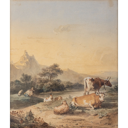 44 - EUGÈNE PIERRE CLAVEAU (1820 - 1902) Pastoral river landscape with cattle, sheep and goats Watercolou... 