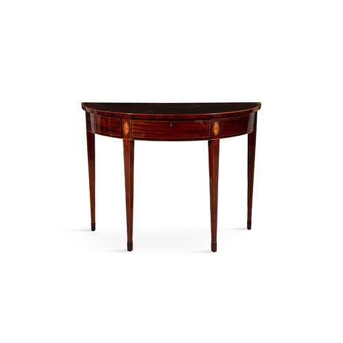 50 - A GEORGE III MAHOGANY AND SATINWOOD BANDED ELLIPTICAL TABLE    fitted with short frieze drawer on sq... 