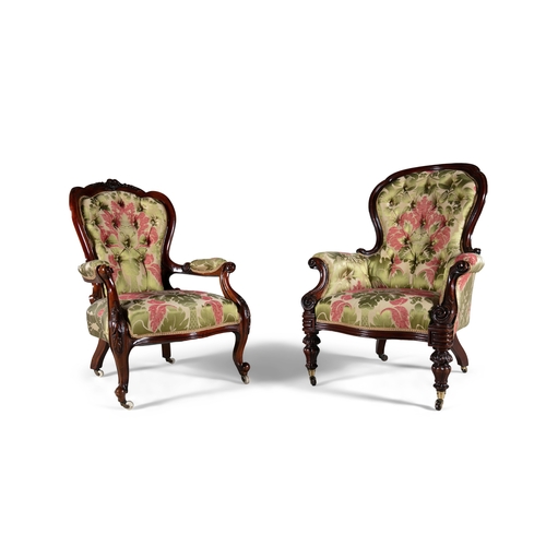 53 - A PAIR OF LADY'S AND GENTLEMAN'S MAHOGANY FRAMED ARMCHAIRS, C.1870,   each upholstered in matching b... 