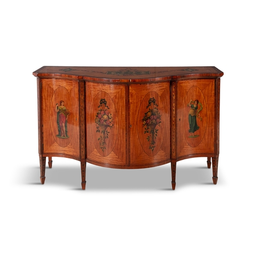 54 - A GEORGE III REVIVAL PAINTED SATINWOOD SERPENTINE SIDE CABINET,  the crossbanded and ebon strung top... 