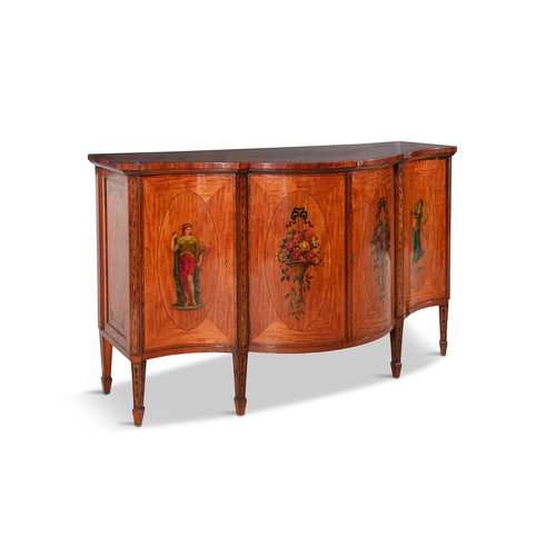 54 - A GEORGE III REVIVAL PAINTED SATINWOOD SERPENTINE SIDE CABINET,  the crossbanded and ebon strung top... 