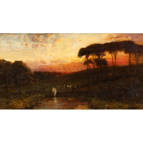 55 - JAMES CAMPBELL NOBLE RSA (1845 - 1913) Cattle by a Watering Hole at Sunset  Oil on canvas, 40 x 75cm... 