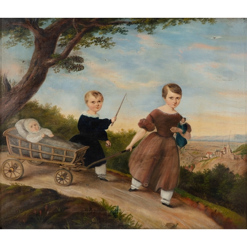 60 - GERHART BITTAL Children Pulling a Child's Wheeled Cradle Oil on canvas, 44 x 50cm