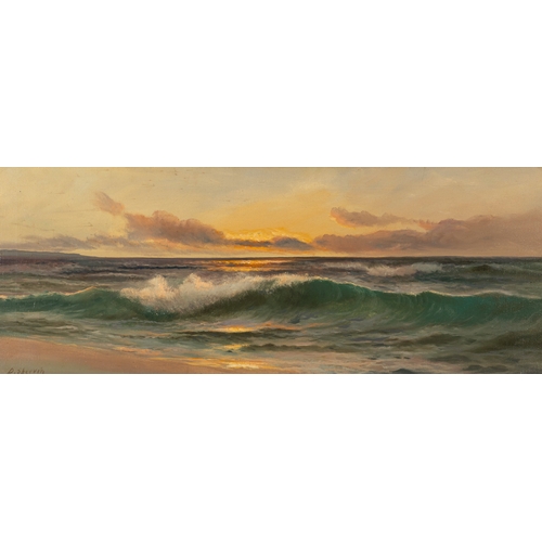 61 - DANIEL SHERRIN (BRITISH 1868 - 1940) Sunset by the sea  Oil on canvas, 37.5 x 98cm  Signed