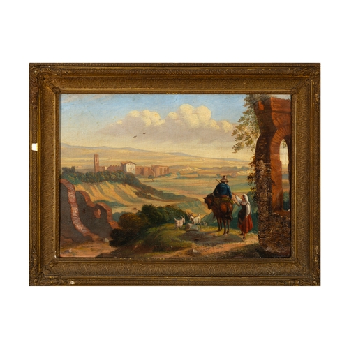 63 - ITALIAN SCHOOL 18TH CENTURY  Figures in capriccio landscape with goats Oil on canvas, 38 x 54cm