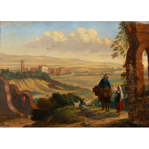 63 - ITALIAN SCHOOL 18TH CENTURY  Figures in capriccio landscape with goats Oil on canvas, 38 x 54cm