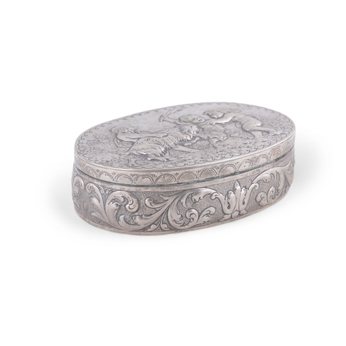 7 - A FRENCH SILVER OVAL BOX WITH EMBOSSED LID,   Stamped 'Paris 1891,' with gilt interior, the hinged t... 