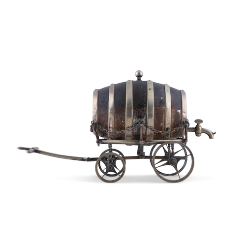 8 - A SILVERPLATE AND OAK SPIRIT BARREL AND WAGON, 37cm long