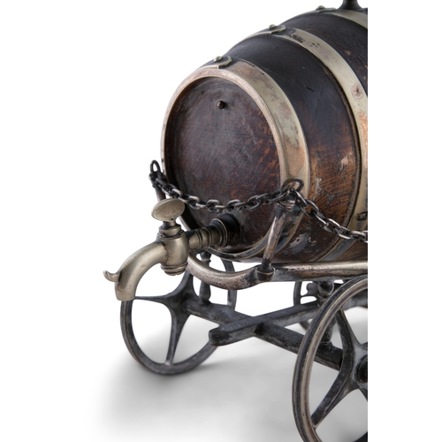 8 - A SILVERPLATE AND OAK SPIRIT BARREL AND WAGON, 37cm long