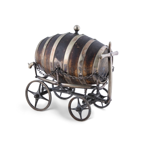 8 - A SILVERPLATE AND OAK SPIRIT BARREL AND WAGON, 37cm long