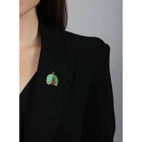 101 - ILLARIO FOR REPOSSI: A GEM-SET AND DIAMOND BROOCH  Modelled as a butterfly, the carved jade plaques ... 