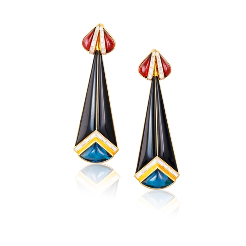 109 - MARINA B: A PAIR GEM-SET AND DIAMOND 'TROC' PENDENT EARRINGS  Of geometric design, set with onyx pla... 