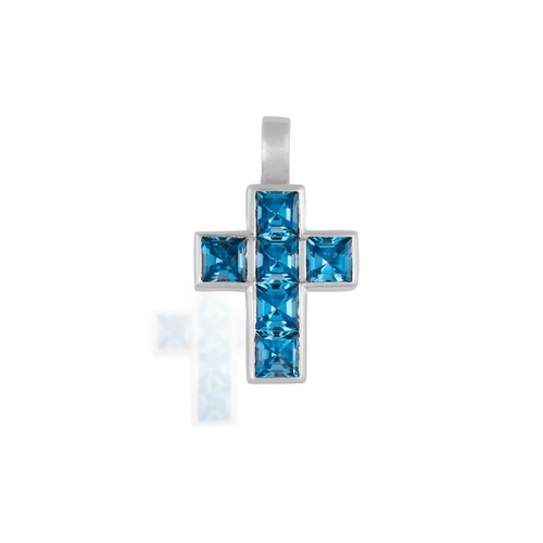 112 - A BLUE TOPAZ PENDANT  Modelled as a cross pendant, set with square-cut blue topaz weighing approxima... 