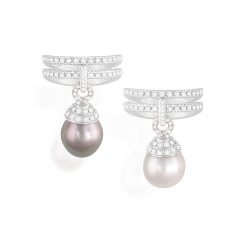 117 - REPOSSI: A PAIR OF CULTURED PEARL AND DIAMOND RINGS  Each double shank pavé-set with brilliant-cut d... 