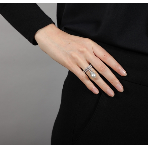 117 - REPOSSI: A PAIR OF CULTURED PEARL AND DIAMOND RINGS  Each double shank pavé-set with brilliant-cut d... 