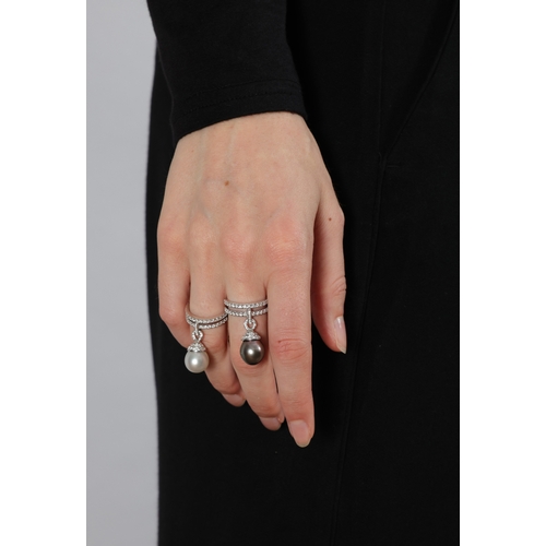 117 - REPOSSI: A PAIR OF CULTURED PEARL AND DIAMOND RINGS  Each double shank pavé-set with brilliant-cut d... 