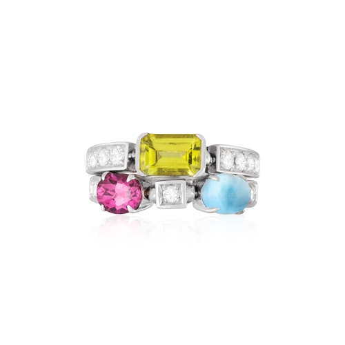 120 - BULGARI: A GEM-SET AND DIAMOND 'ALLEGRA' RING  Composed of two slightly articulating rows of brillia... 