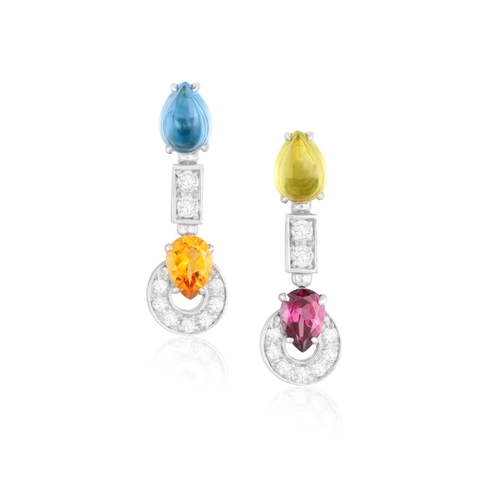 123 - BULGARI: A PAIR OF GEM-SET AND DIAMOND 'ALLEGRA' PENDENT EARRINGS  Each set with vari-cut gemstones,... 