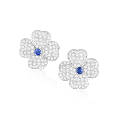 126 - A PAIR OF SAPPHIRE AND DIAMOND EARRINGS  Each flowerhead set with brilliant-cut diamond heart-shaped... 