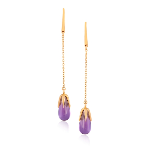 128 - POMELLATO: A PAIR OF AMETHYST 'VELENO' PENDENT EARRINGS  Each amethyst drop suspending from a cable-... 