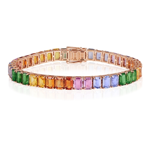 130 - A MULTI-COLOURED SAPPHIRE BRACELET  Composed of a continuous row of rectangular-cut green, blue, pin... 